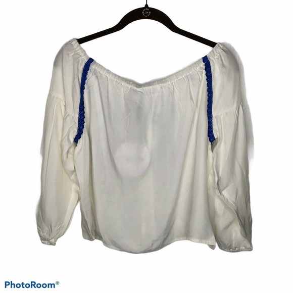 Line & Dot Blue‎ Embroidered Off the Shoulder Top - Picture 5 of 8